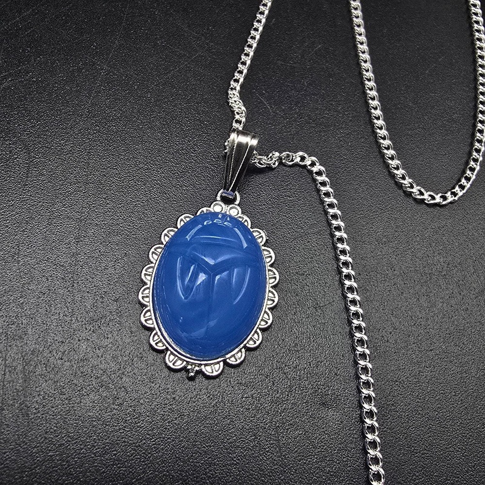 Blue Glass Scarab Pendant Necklace Vintage Costume Jewelry Egyptian Revival